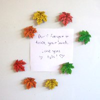 סט של שמונה מגנטים למקרר- עלי שלכת - צריבה בעץ