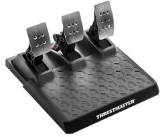הגה מירוצים עם דוושות Thrustmaster T248R Force Feedback PS/PC – שלוש דוושות שחורות-אפורות עומדות על בסיס שחור עם תבנית