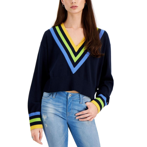 TOMMY HILFIGER Womens V Neck Cropped Shirt Crop Sweater Top Blue Size XL