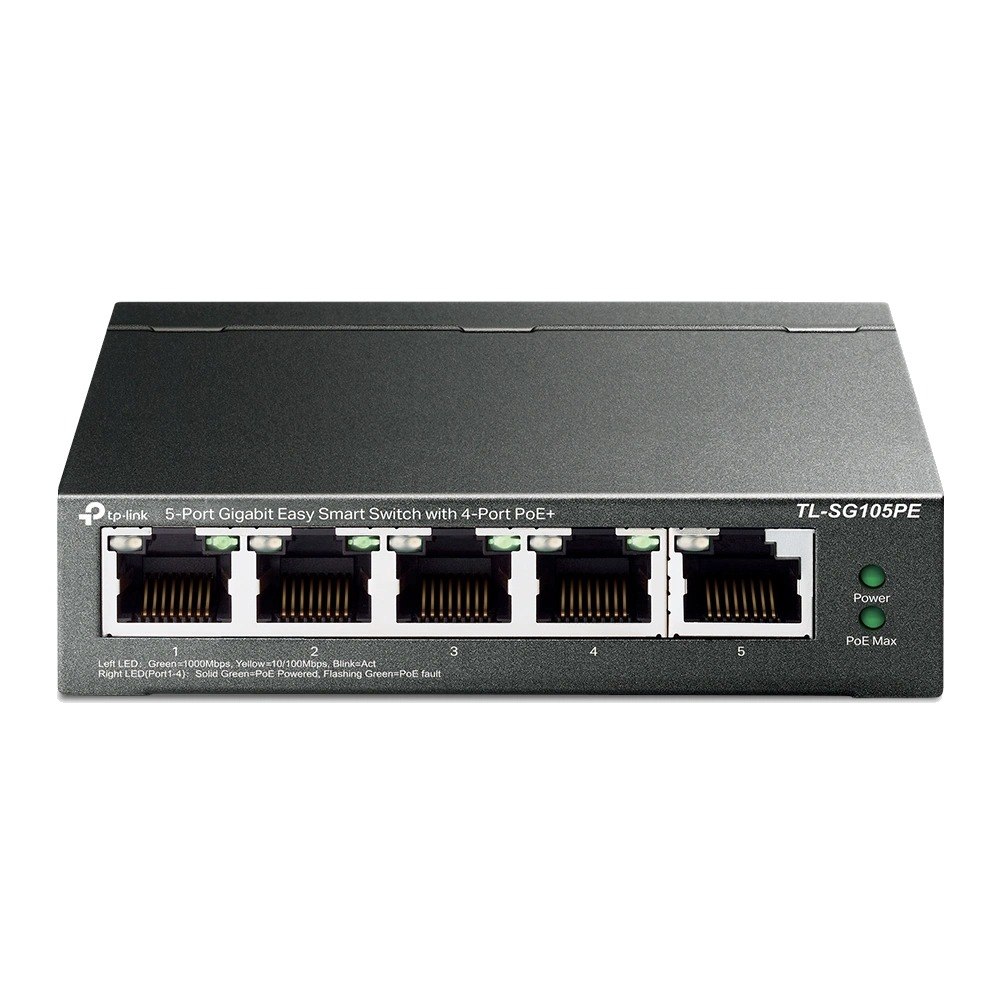 מתג חכם TP-Link 5-Port Gigabit Easy Smart Switch with 4-Port PoE+ TL-SG105PE – מתג רשת אפור כהה עם חמישה פורטים קדמיים
