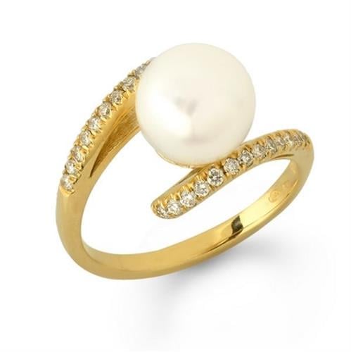 טבעת זהב בעיצוב חדשני משובצת פנינה ויהלומים