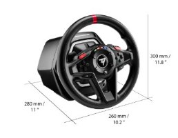 הגה מירוצים עם דוושות Thrustmaster T128 Force Feedback Xbox/PC – פריט בודד הגה שחור עם פסים אדומים ומידות מוצג על רקע לבן