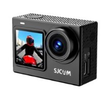 מצלמת אקשן SJCAM SJ6 Ultra – שחורה מציגה עדשה קדמית מסך עם רוכב אופנוע ופתחי חיבור בצד על רקע לבן
