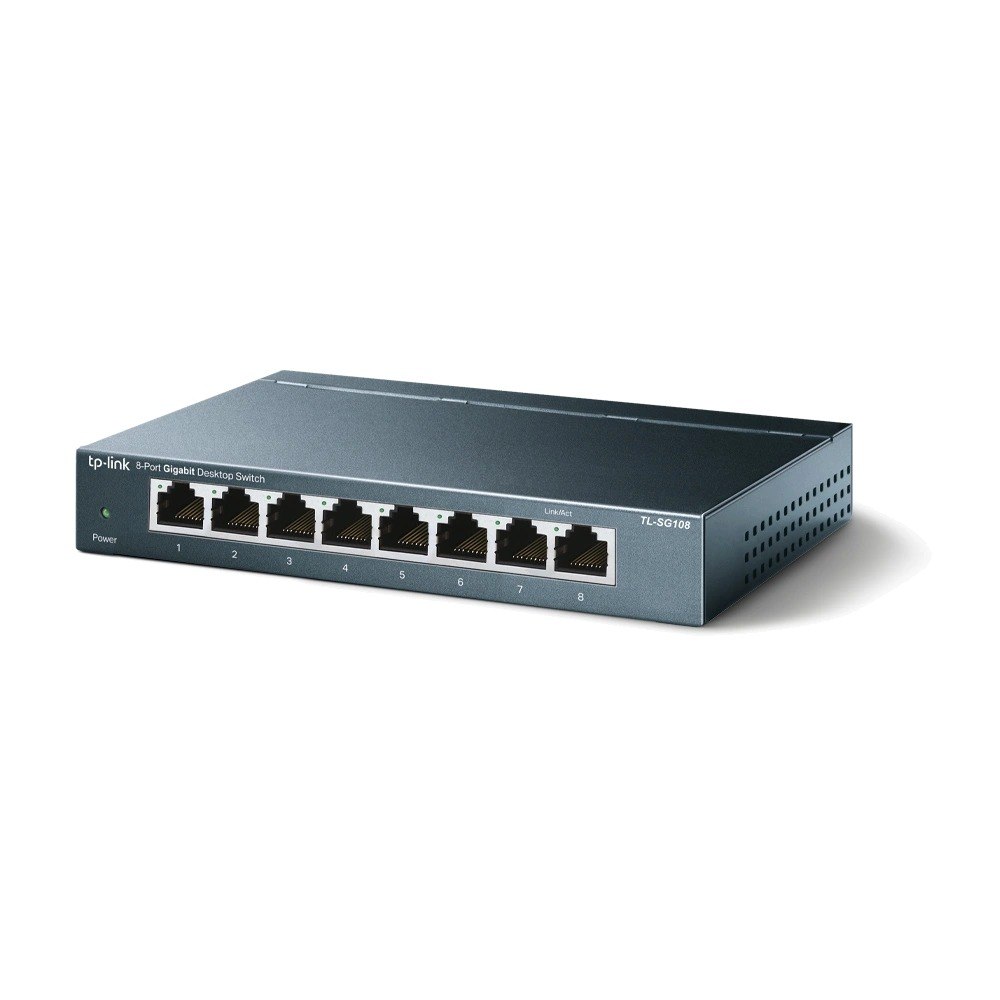 מתג שולחני 8 פורטים Tp-Link SG108 Gigabit – 4K פריט בודד של מתג רשת בצבע אפור כהה עם שמונה פורטים בחזית מונח