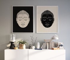 "Yin Yang Buddha" זוג תמונות הדפס על קנבס איור פניו של בודהה בסגנון עכשווי | תמונות קנבס זן ורוחניות