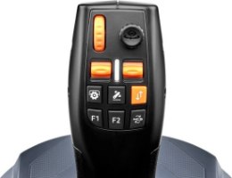 בקר טיסה Thrustmaster SimTask Farmstick PC – חלקו העליון עם כפתורים כתומים ושחורים חוגה וסליידר לבן