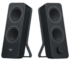 רמקולים למחשב Logitech Z207 10W – Bluetooth שני רמקולים שחורים עם שני דרייברים מוצגים בזווית