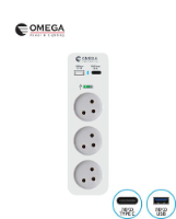 מפצל חשמל אנכי 3 שקעים + מטען USB A ו-C מהיר Omega דגם QGT3VR-2U-C-L