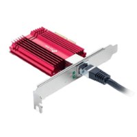 כרטיס רשת TP-Link 10 Gigabit PCIe TX401 V1 – פריט בודד עם גוף קירור אדום מחובר לכבל רשת שחור על רקע לבן