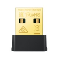 מתאם רשת אלחוטי זעיר Tp-Link Archer T2UB Nano AC600 USB – פריט בודד בצבע שחור וזהב עם מחבר USB מוצג בחזית על רקע לבן