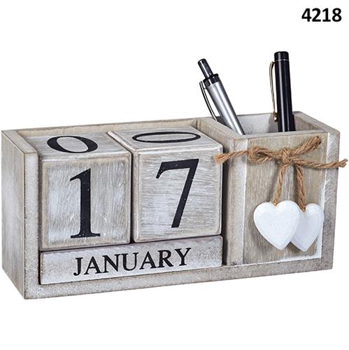 קלנדר עץ קוביות שולחני עם כוס לעטים 21ס"מ דגם 4218