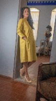 שמלה צווארון סיני מתרחבת עם כיסים כותנה/לייקרה צהובה