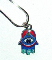 תליון קבלה חמסה עין צבעוני אדום וכחול לשמירה והגנה עם שרשרת רודיום בצבע כסף