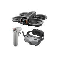 מארז רחפן DJI Avata 2 + Goggles Integra + RC Motion 2 – 4K רחפן משקפיים ושלט בצבע אפור מונחים על רקע לבן