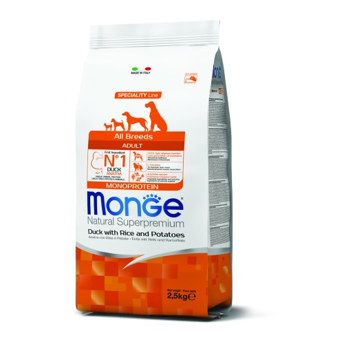 מונג ברווז מונופרוטאין לכלב בוגר 2.5 קג - MONGE ALL BREED DUCK RICE AND POTATOES