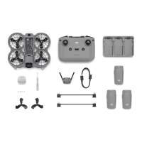 רחפן DJI Neo 2 Fly More Combo – מציג את הרחפן שלט סוללות ואביזרים נלווים שונים פרוסים על רקע לבן טעינה מהירה