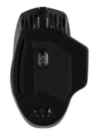 עכבר גיימינג אלחוטי Corsair Dark Core RGB Pro – תחתית העכבר השחור מציגה את החיישן האופטי המרכזי ומתג מצבי חיבור אלחוטי USB