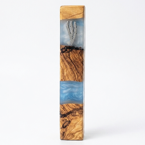 Artistic Judaica: Olive Wood Mezuzah in Shades of Light Blue