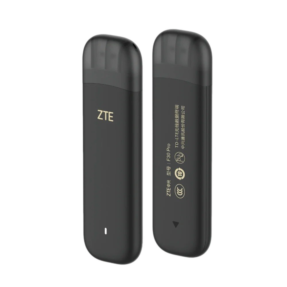 מודם סלולרי Zte F30 Pro Wi-Fi 6 – שני מכשירים אפורים עומדים זקופים על רקע לבן אחד מציג לוגו ZTE
