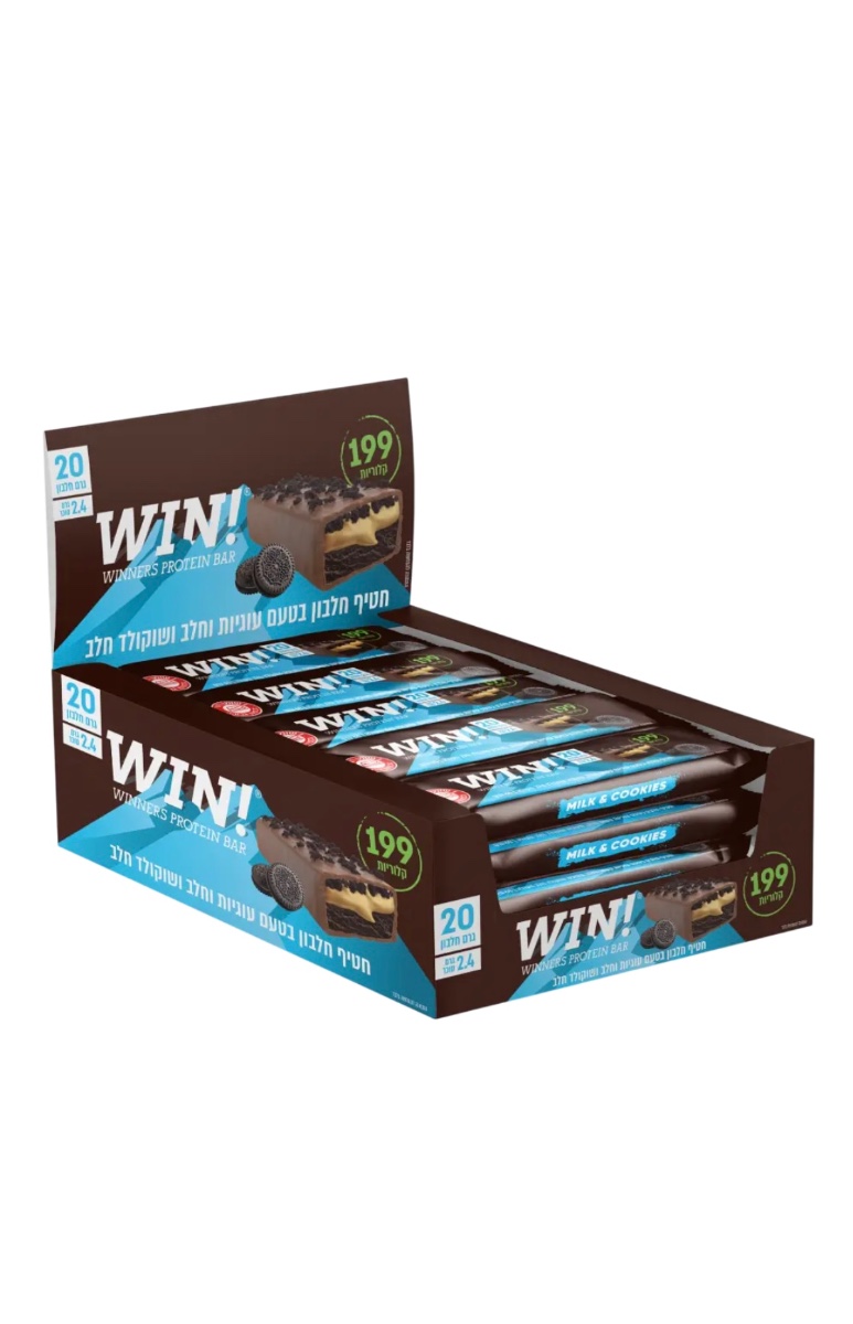 מארז 12+1 חטיפי חלבון WIN בטעם עוגיות קקאו וחלב, מצופה שוקולד חלב מעולה