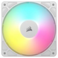 מארז שלושה מאווררים Corsair RS120 ARGB 120mm PWM Fans – מאוורר בודד עם מסגרת לבנה ותאורת ARGB צבעונית במרכזו לוגו קורסייר