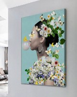 "My Second Nature" תמונת קנבס לבית של אישה מכוסה בפרחים לבנים מנפחת בלון |תמונה ממוסגרת ומוכנה לתליה