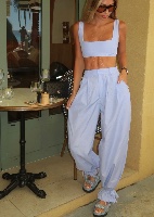 ‏Soft Blue Plaid Balloon Pants