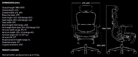 תרשים מידות של כיסא Comfort Ergohuman Ultra Gaming