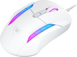 עכבר גיימינג חוטי Turtle Beach Kone II – מבט עליון על עכבר לבן עם תאורת RGB כחולה-סגולה וגלגלת ורודה