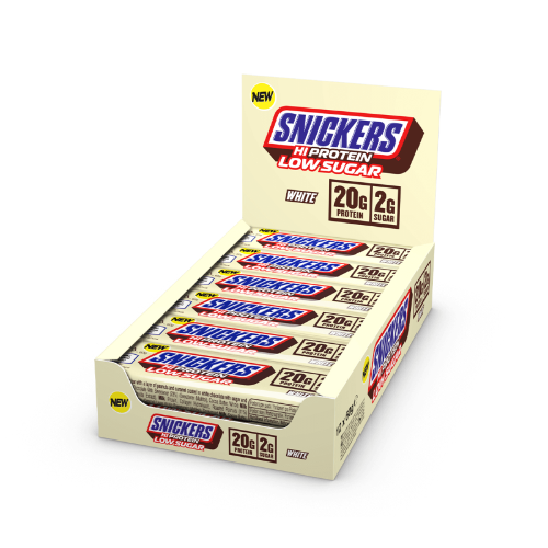 חטיף חלבון SNICKERS דל סוכר בטעם בוטנים וקרמל בציפוי שוקולד לבן (12 יחידות במארז)