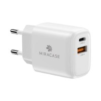 מטען קיר וכבל Miracase USB-C MWC20PQ2 20W – מטען קיר לבן בודד עם חיבורי USB-C ו-USB-A כתומים בחזית