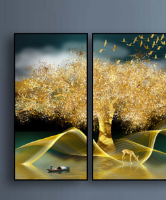 המיוחדים שלנו! "עץ הזהב" | תמונת קנבס מחולקת דקורטיבית של נוף סוריאליסטי מוזהב