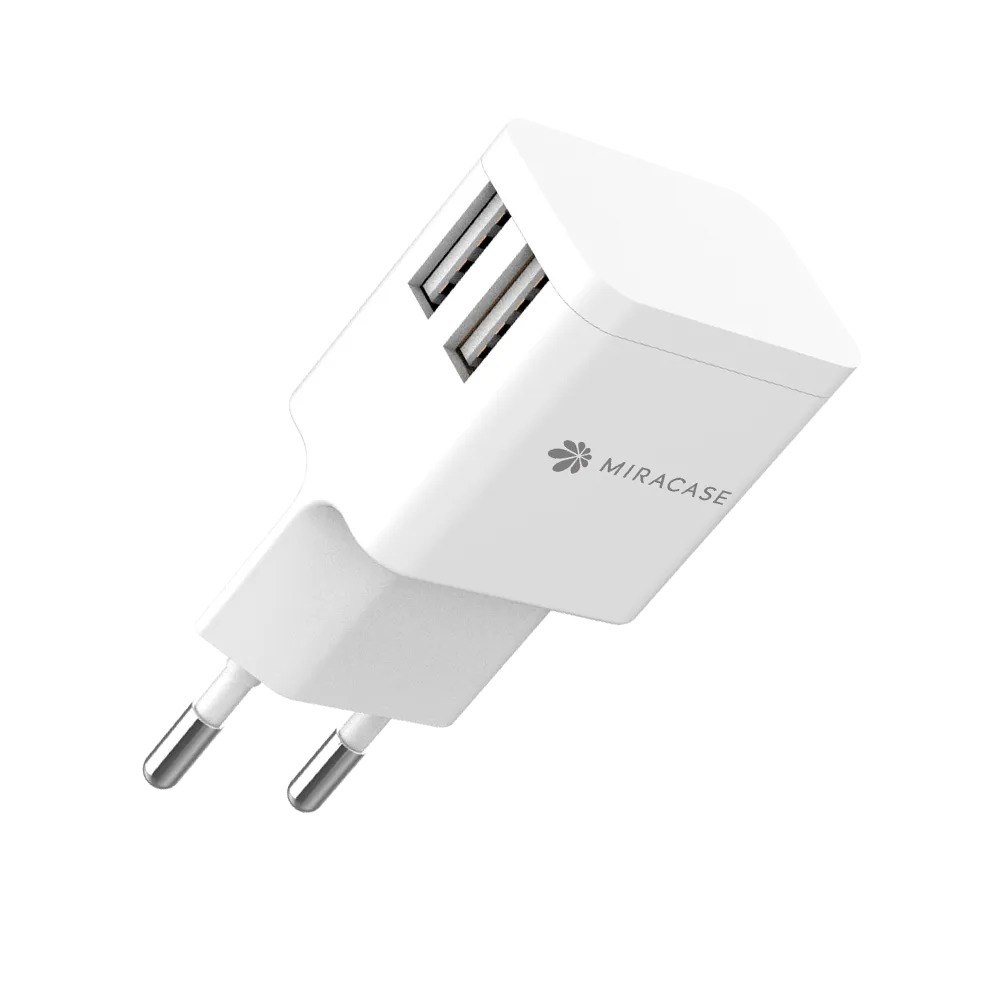 מטען קיר Miracase MWC244 2.4A 2 USB – מטען קיר לבן עם שני שקעי USB ופינים חשמליים בולטים