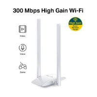 מתאם רשת אלחוטי Mercusys N300 Wireless Mini USB Adapter MW300UH V3 – מתאם לבן בעל שתי אנטנות כיתוב וסמלים על רקע לבן