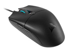 עכבר גיימינג חוטי Corsair Katar Pro – מבט אלכסוני על העכבר השחור עם גלגלת מוארת וכפתורי צד