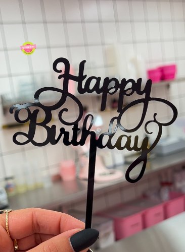 טופר לעוגה Happy Birthday שחור כתב יד מעוטר