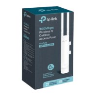 נקודת גישה Omada EAP110 Outdoor Access Point – קופסת המוצר בצבע כחול ירקרק כהה עם תמונה של נקודת הגישה עם חוטית