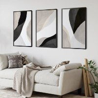 "Black Phantom Quartz" סט שלוש תמונות הדפס ציור אבסטרקט בסגנון צבעי מים בגוונים מונוכרומטים שחור לבן