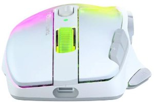 עכבר גיימינג אלחוטי Turtle Beach Kone XP Air – מבט צד על עכבר לבן עם תאורת RGB, גלגלת ירוקה וכפתורים