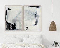 סט תמונה מחולקת הדפס ציור אבסטרקט מינימאלי גווני שחור לבן "White Cover"| תמונות לבית בסגנון נורדי