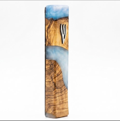 Handcrafted Designer Mezuzah Case: Olive Wood & Sky Blue
