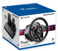 הגה מירוצים עם דוושות מגנטיות Thrustmaster T128P – מארז המוצר הלבן עם עיצוב כחול המציג את ההגה השחור עם נגיעות אדומות