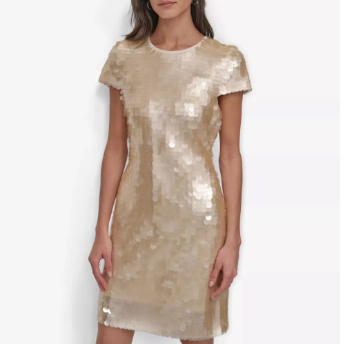 DKNY Women's Dress Sz M Piallettes Short-Sleeve Shift Beige