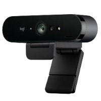 מצלמת רשת Logitech Brio 4K – התקן שחור עם עדשה ומתקן עמידה על רקע לבן