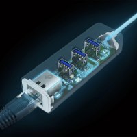 מפצל USB Type-C לחיבור רשת RJ45 בעל 3 חיבורי TP-Link UE330C USB 3.0 – מעגל פנימי מואר כולל שלושה חיבורי USB וכבל רשת מחובר