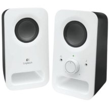 רמקולים למחשב Logitech 2.0 Multimedia Speakers Z150 Retail – שני רמקולים לבנים ושחורים עומדים לאחד מהם כפתור ווליום גדול