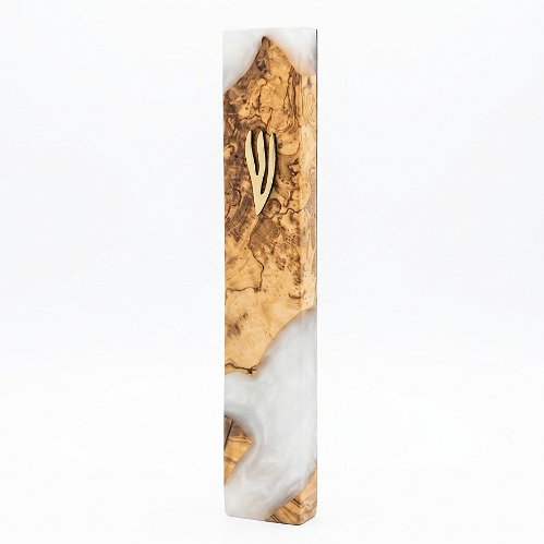 Luxury Judaica Gift: 25cm Olive Wood & White Mezuzah