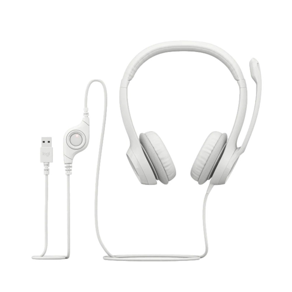 אוזניות עם מיקרופון צבע לבן Logitech H390 USB – אוזניות קשת לבנות עם מיקרופון מובנה מחבר USB ובקר שליטה על הכבל