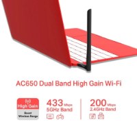 כרטיס רשת Mercusys MU6H AC650 Wireless – המתאם השחור מחובר ללפטופ אדום עם כיתובי נתונים עם USB