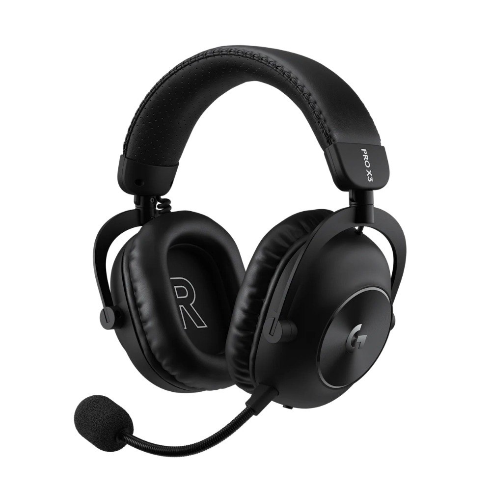 אוזניות גיימינג אלחוטיות צבע שחור Logitech Pro X3 Lightspeed – שחורות עם מיקרופון גמיש נשלף מוצגות על רקע